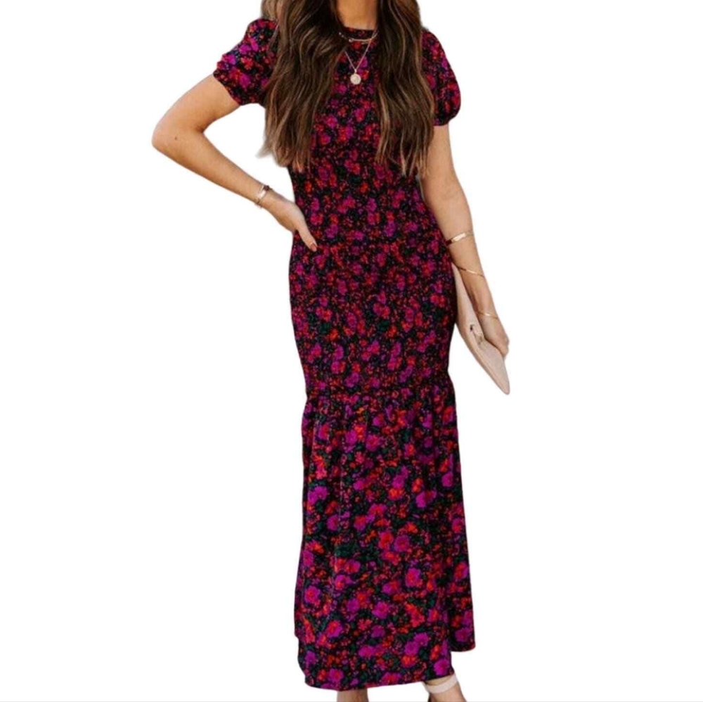 Floral Maxi Dress - Pink and Black